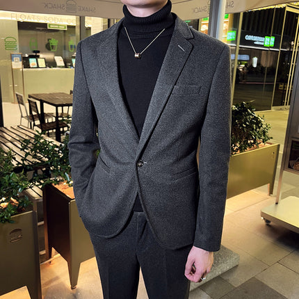 Woolen Suit Set for Men, Autumn and Winter Thickened Suit Two-Piece Set, Light Business Casual Single-Button Formal Wear