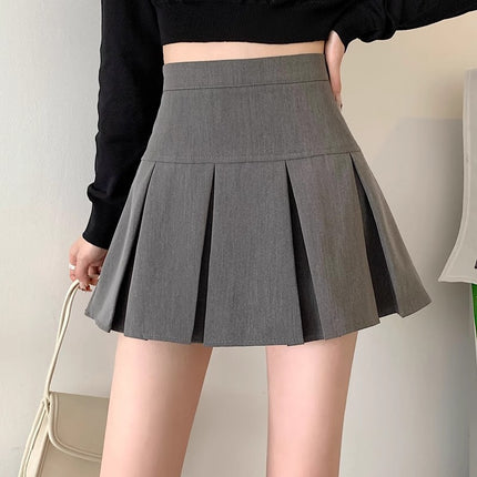 Flower Field Window High-Waisted Gray Pleated Skirt for Women in Summer Slimming Look High-Waisted American Preppy Style A-Line Short Skirt