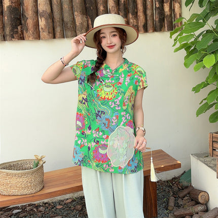Chinese-Style Button Cotton Silk T-Shirt for Women, Summer Thin Large-Size Rayon V-Neck Pullover Printed Top, National Trend