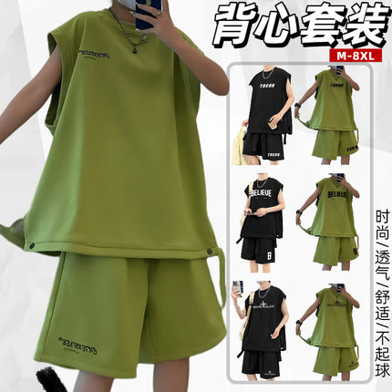 Summer New Trendy Loose-Fitting Large-Size Vest Set for Teenagers, Two-Piece Sports Set, Men's Sleeveless Vest, Casual