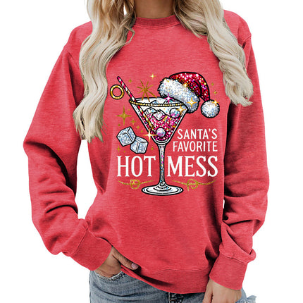 Amazon source hot mess wine glass printed round neck jacket sweater European size European and American women's coat long sleeve Asia