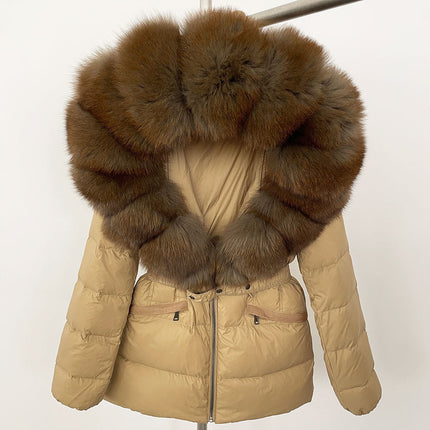 25 New Foreign Trade Hot Style Short Women's Real Fox Fur Collar down Jacket Thickened Slim Waist Fur down Jacket