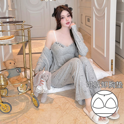 Vernis Spring and Autumn Pajamas Three-Piece Set Modal Bear Printed Drape Comfortable Home Clothes with Chest Pad for Women