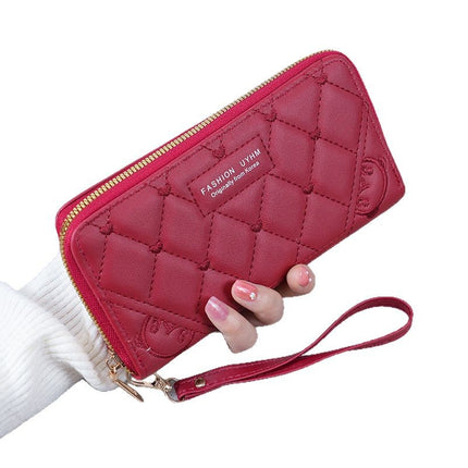 New Women's Wallet Long Single Zipper Solid Color Embroidered Hand Bag Large Capacity Coin Purse Multifunctional Mobile Phone Bag