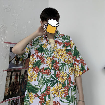 Summer Short-Sleeved Shirt for Men Ins Retro Funny Human Head Personalized Print Trendy Brand Korean Style Loose Shirt Trendy Top