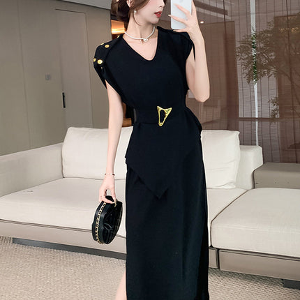 2024 cross-border black V-neck shows temperament irregular dress aura full-open light mature wind royal sister fan small black skirt
