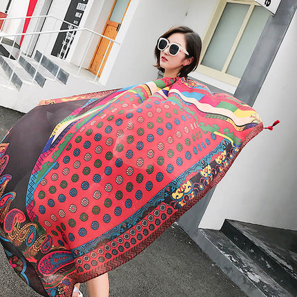 Ethnic Style Printed Silk Scarf Women's Seaside Travel Sun Protection Gauze Air Conditioning Warm Scarf Versatile Long Shawl