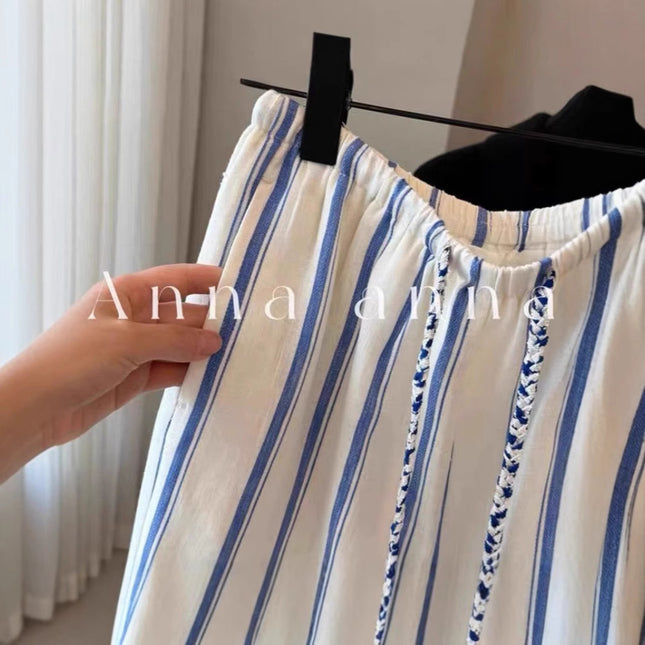 Highly Recommended! Blue and White Striped Linen Wide-Leg Pants 2025 Summer Lazy Drape Cotton-Linen Floor-Length Pants
