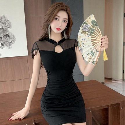 Real Pat 8801 Nightclub Sexy dress Foot Bath Technician Work Clothes New Chinese Cheongsam Tight Pleated Hip Skirt