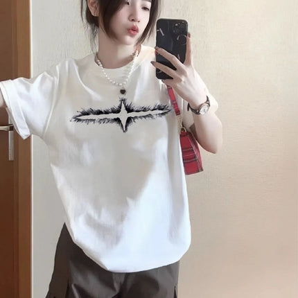 Summer Pure Cotton Short-Sleeved T-Shirt for Women 2026 with Kitten Print Design, Niche American High Street Style, Loose Half-Sleeve Top