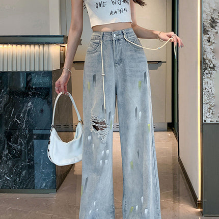 2025 New Light Blue Ripped Jeans for Women Summer Thin High Waist Loose Wide Leg Straight Floor Mopping Pants