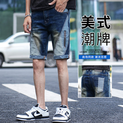 Cross-Border Popular Summer Men's Jeans Straight Fashion Street Fashion High-End Casual Elastic Five-Point Pants New Style