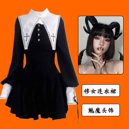 Evil Nun! Halloween Cos Costume Contrast Style Blackened Gothic Dark Style Horror Dress for Adult Women