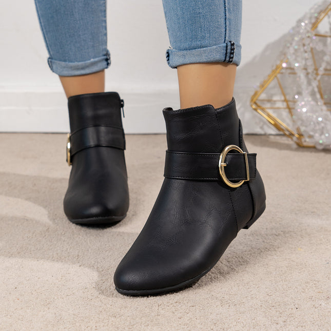 Free Shipping 2026 Spring New Style Large Buckle Side Zipper Women's Boots Flat Comfortable Low-Top European and American Versatile Short Boots