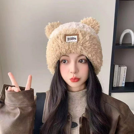 Bear plush knitted hat women's autumn and winter warm anti-fur pullover wool hat face-looking small sweet cute basin hat