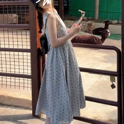 Sling Wave Dot dress Children's 2025 New Summer Japanese Style Lazy Style Sleeveless Long Dress Relaxed Vic Dress