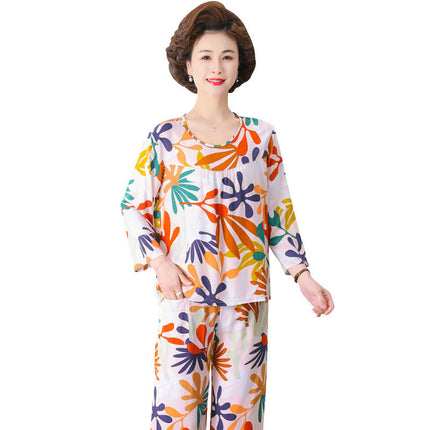 Women's Pajamas 2026 New Spring and Summer Cotton Silk Pullover Long-Sleeve Cool Thin Round-Neck for Middle-Aged and Elderly Mothers