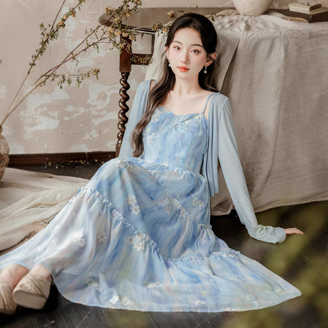 ycfs1638 summer new design sense holiday style blue embroidered skirt sunscreen cardigan two-piece set