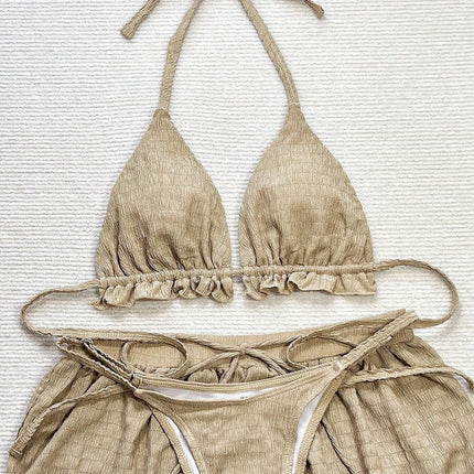 European and American Sexy Bikini Three-Piece Special Fabric Swimwear Women's Solid Color Beach Suit Holiday Swimwear Hot Sale