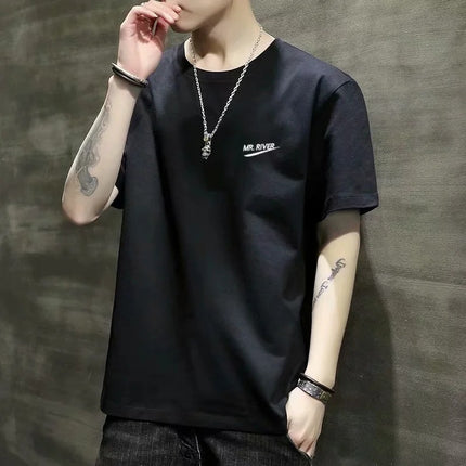 Men's Short-Sleeved T-Shirt 2023 Slim Fit Versatile Top Youth Korean Style Bottoming Shirt Printed T-Shirt Casual Round Neck