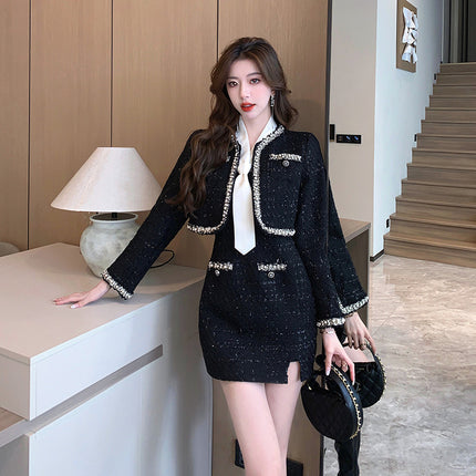 Real Shot Small Chanel Style Dress Autumn Small Hot Girl Two-piece Sling Skirt Short Coat Top
