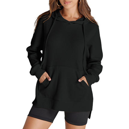 Shiying Pure Color Long-Sleeved Sweatshirt Women's Hoodie Textured Knitwear Slit Top Cross-Border Women's New Style