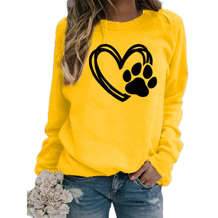 Cross-border Foreign Trade Supply Dog Feet Love Printed Round Neck Jacket Women's Long Sleeve European Size plus size Loose