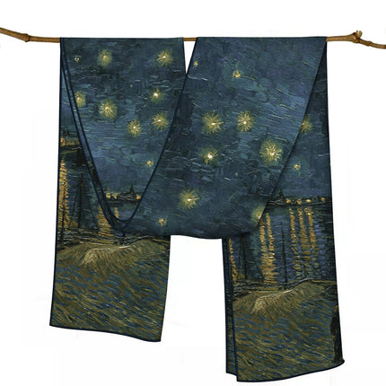 150cm Spring Long Van Gogh Oil Painting Series Starry Sky Women's Long Silk Scarf All-Match Shawl Scarf Scarf for All Seasons