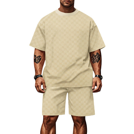 2024 Cross-border Hot Chessboard Sports Leisure suit Amazon Hot Round Neck Short Sleeve Shorts for Men