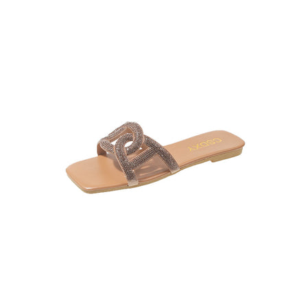 Cross-border Trade Rhinestone Cross Flat Slippers Women's 2024 Summer New Square Head Low-heeled Beach Sandals