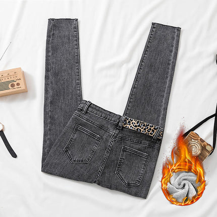 Leopard-print Thickened High-waist Jeans Women's Fleece-lined Autumn and Winter Warm Stretch Pencil Pants Slim-fit Fur-edged Cropped Pencil Pants