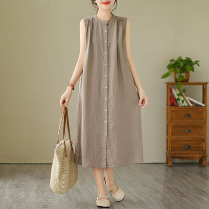 2024 Summer New Style Sleeveless Multi-Pleated Design Solid Color Mid-Length Dress for Women, Artistic Simple Cardigan Cotton and Linen Dress