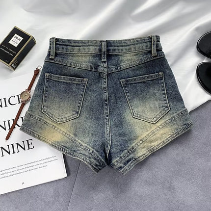 Hot Girl American retro distressed Denim shorts women's 2024 summer New Design High waist slimming slim hot pants