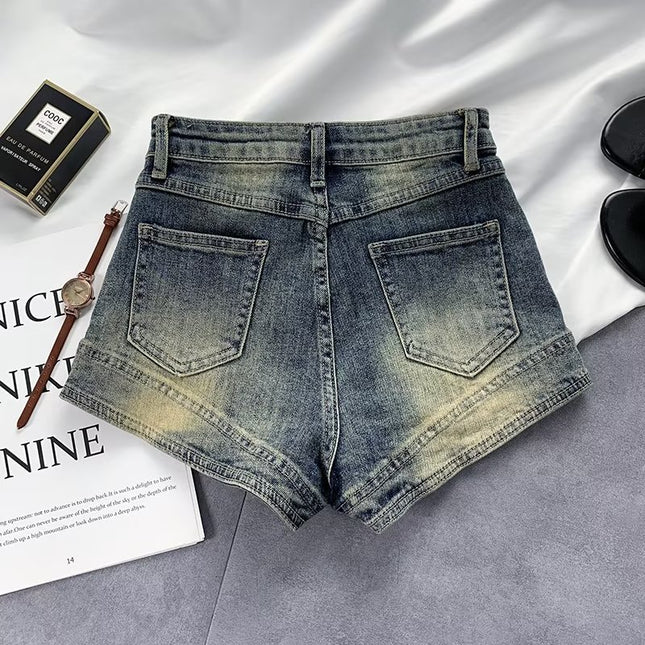 Hot Girl American retro distressed Denim shorts women's 2024 summer New Design High waist slimming slim hot pants