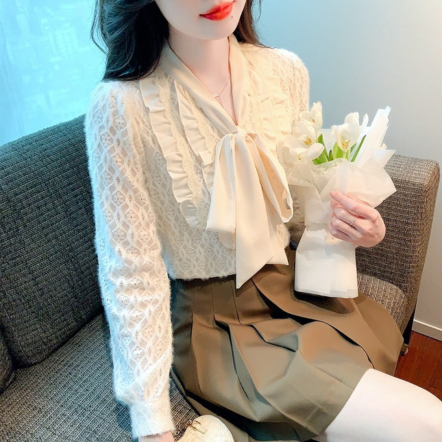 French Brushed Lace Shirt Women's Spring New Bow Style Ruffled Elegant Base Top