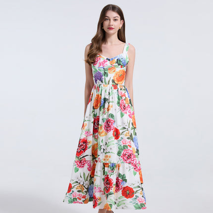 Real Shot Summer Positioning Printed Positioning Sling Slim-fit Waist dress Back Rubber Dress