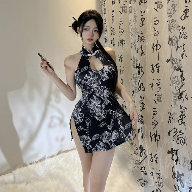 Sexy Water Drops Hollow Out Cheongsam Sling Nightgown Vintage Printed Slit Slim Slim Cheongsam Sexy Pajamas 2492