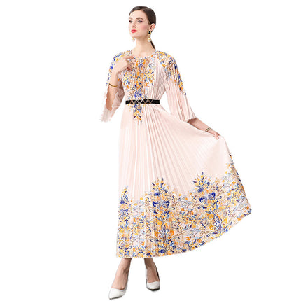 Cross-border 2024 new socialite pleated waist printed fashion large skirt organ pleated dress