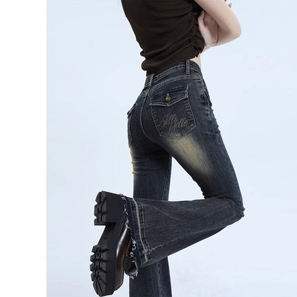 Vintage Nostalgic Micro-La Jeans Women's Fashion All-Match New American Style Slim-Fit High Waist Slimming Horn Trousers