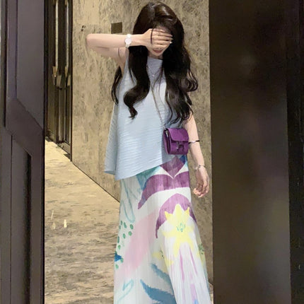 Miyake's Irregular Sleeveless Top Two-Piece Set with Pleated Print, Stylish and Fashionable Suit for Women, Holiday Style Two-Piece Set