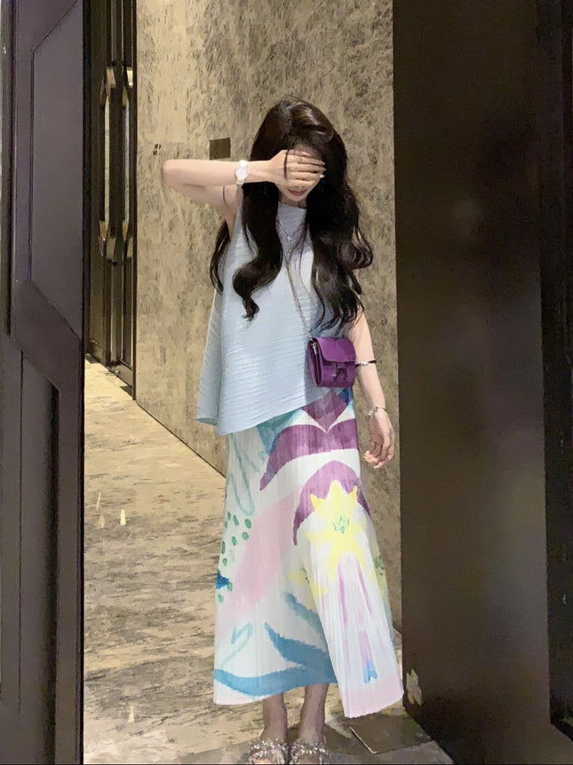 Miyake's Irregular Sleeveless Top Two-Piece Set with Pleated Print, Stylish and Fashionable Suit for Women, Holiday Style Two-Piece Set