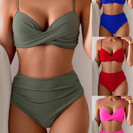 Steel ring swimsuit split bikini solid color cross strap Amazon explosion high waist swimsuit Europe and the United States foreign trade sexy