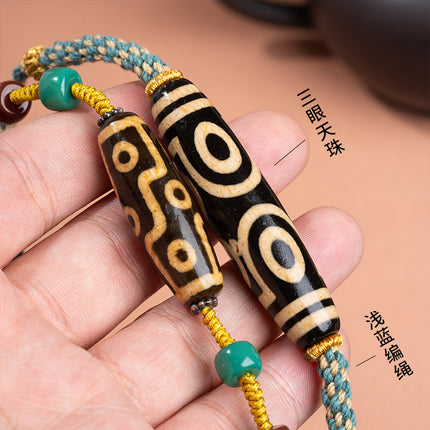 Natural Yellow Nine-Eyed Dzi Bead Necklace, Taiwanese Agate Pendant, Men's and Women's Couple's Braided Necklace, Ready for Sale