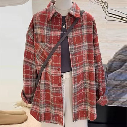 New Spring and Autumn Korean Style Lazy Brushed Wool Plaid Shirt Women's Versatile Trendy Loose Casual Mid-Length Jacket