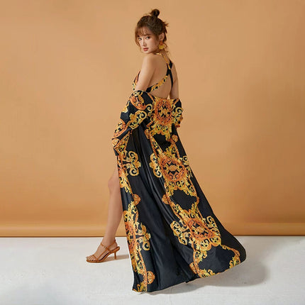 INS new sexy deep V belly-covering beauty back slimming retro style printed French robe one-piece swimsuit women's two-piece suit
