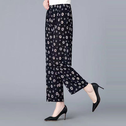 Middle-Aged and Elderly Women's Summer Thin Floral Pants, Loose Fit, Ice Silk Cropped Granny Pants, Direct from Manufacturer