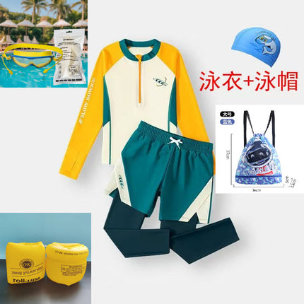 Baby Boy, Middle and Large Children, Slim Long-Sleeved Split Swimsuit Suit, Super Fairy Cut Out Kindergarten Summer Sports Three-Piece Suit