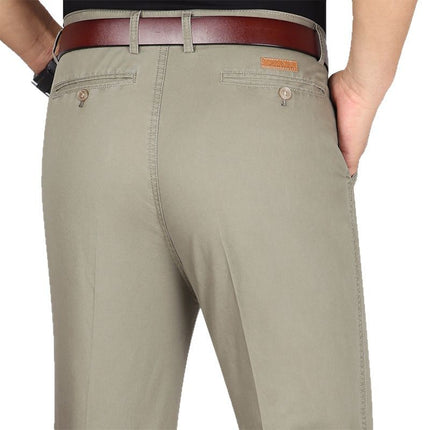 Summer Thin Casual Pants Men's Non-ironing Middle-aged Business Pure Cotton High Waist Straight Loose Middle-aged Dad's Long Pants
