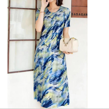 Miyake pleated 2025 summer new temperament round neck printed pleated skirt fashion waist thin magic dress