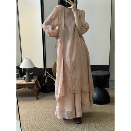 Summer New Style Quality Ramie Handmade Buckle Lace Lace Guofeng dress Double-Layer Skirt suit